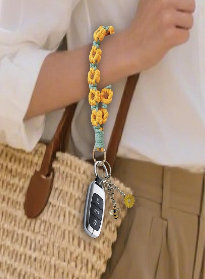 FAUDRECRO Wristlet Flower Keychain, Macrame Boho Crochet Keyring, Wrist Lanyard, Cute Bracelet with Daisy Bee Charm, Car Key Holder for Xmas Gift (yellow) - Image 5